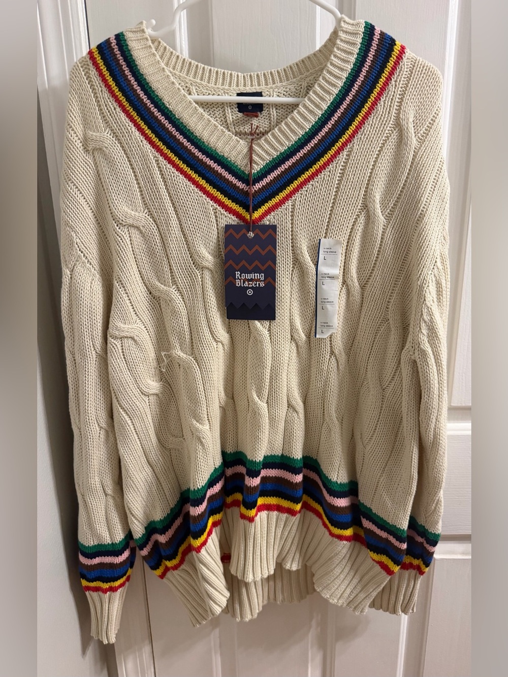 Rowing Blazers x Target Croquet Stripe Cable Knit Sweater Unisex V Neck Large